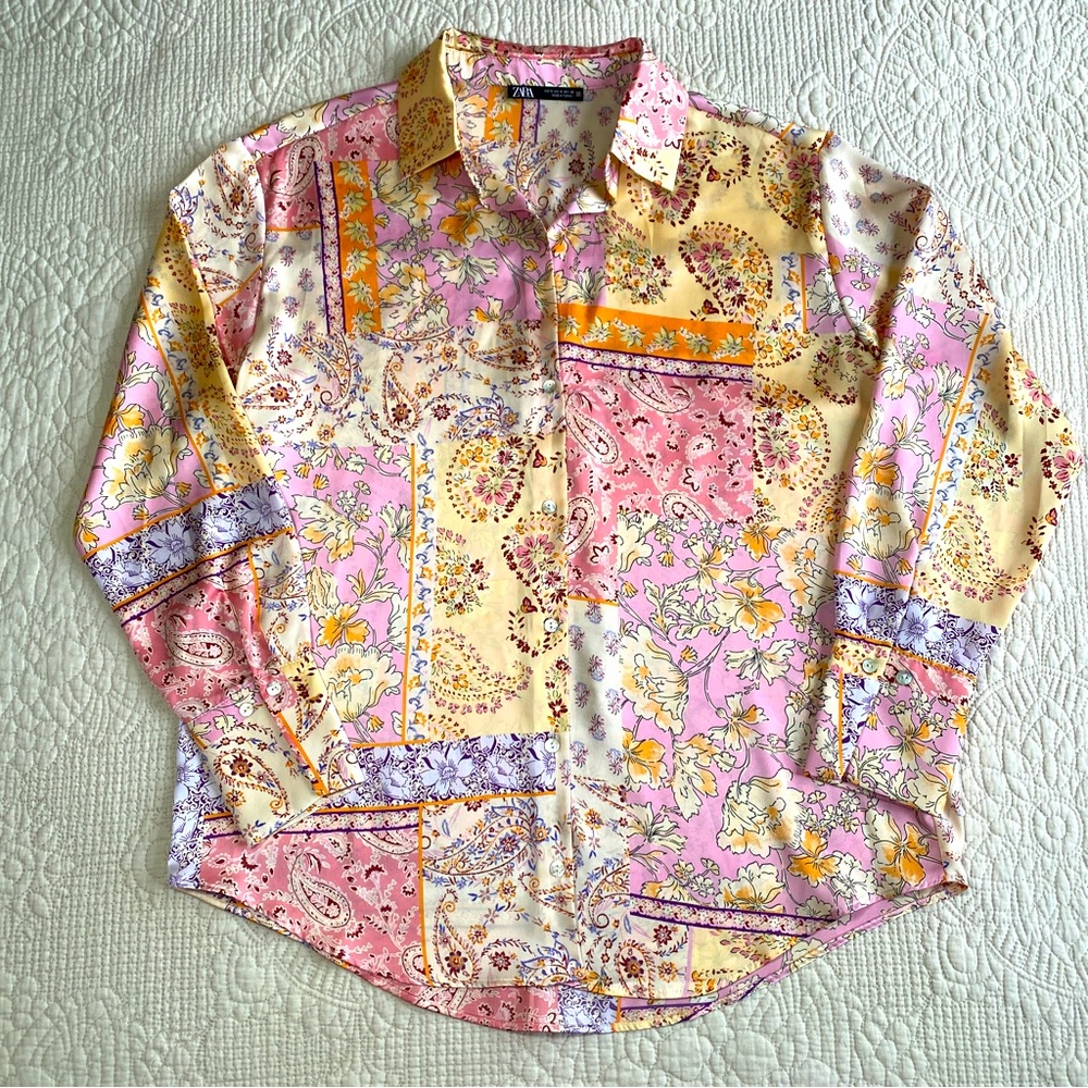 ZARA Women’s NWOT Patchwork Floral Button Up Long Sleeve Blouse Small